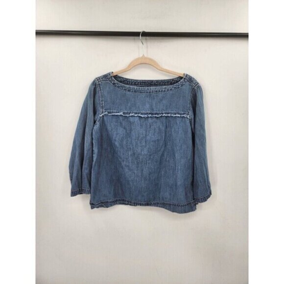 Madewell Top Women XS Blue Chambray Fringe Detail Herald Long Sleeve Bohemian - Picture 1 of 9